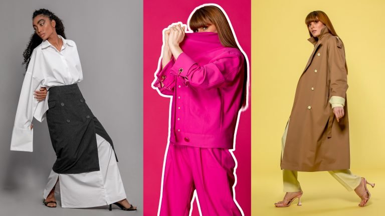 Beyaz, fuşya ve kahverengi kıyafetli kadın manken, renkli fonlarda katalog kolajı